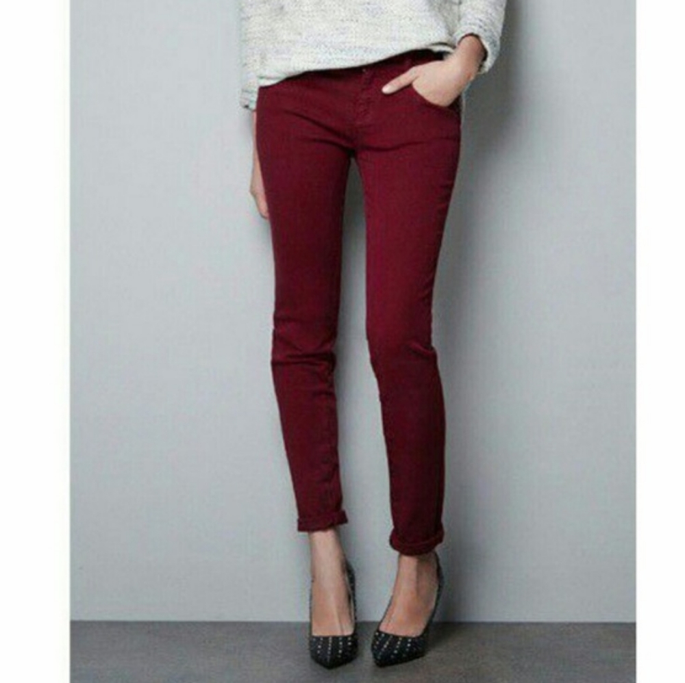 Zara Trafaluc Red Burgundy Denim Skinny Jeans 2